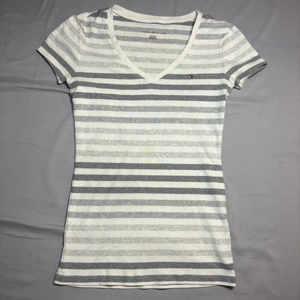 Womens gray and white striped tommy hilfiger v neck shirt